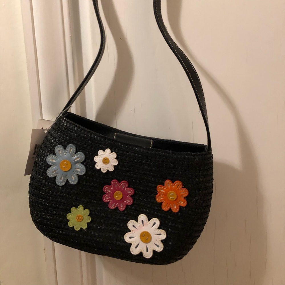 Black flowered woven shoulder bag small